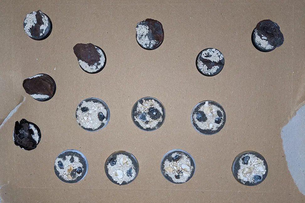 Unpainted bases. Some with sand and rocks, some with orchid bark. 